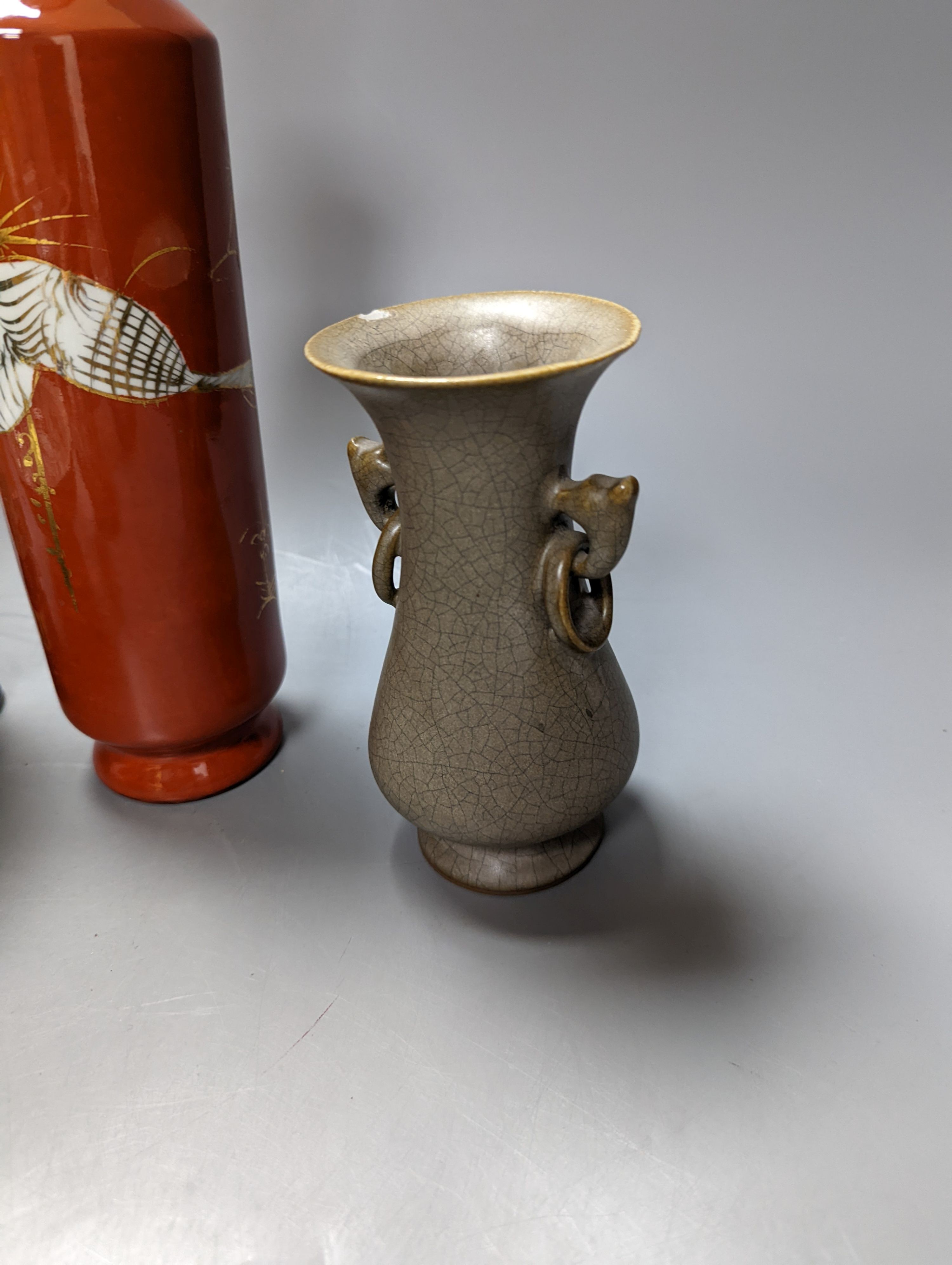 A Chinese porcelain figure group, four vases and a stem dish. Tallest 33cm